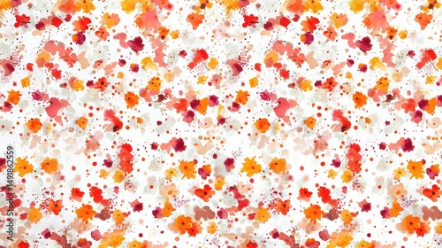 A repeating pattern of orange and red flowers and dots on a white background with watercolor style