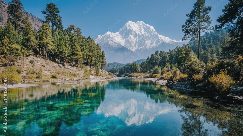 Fototapeta premium Serene Mountain Landscape with Clear River and Lush Green Forest