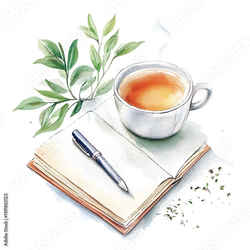 Cute cartoon watercolor A journal with a pen and a coffe
