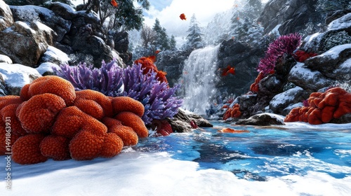 Enchanted Winter Waterfall with Vibrant Coral Reefs and Lush Flora