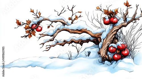Winter Apples Snow-Covered Branches with Red Fruit Illustration
