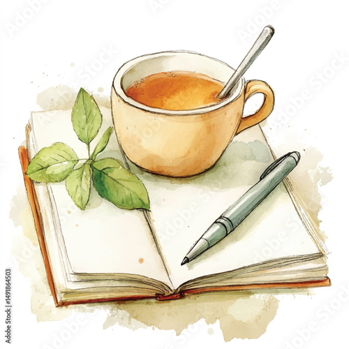 Cute cartoon watercolor A journal with a pen and a coffe