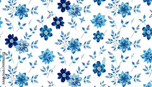 A white  background pattern with blue flowers and leaves, creating a delicate and charming design. 