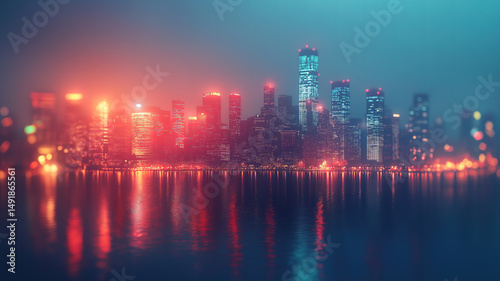 Cityscape with a graph symbolizing economic growth, featuring skyscrapers and financial data at night
