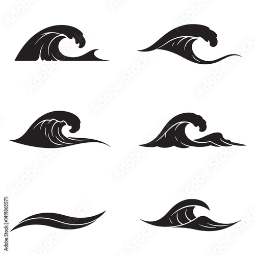 Collection of stylized black and white wave crest illustrations for design elements