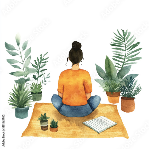 Cute cartoon watercolor A mindful person journaling