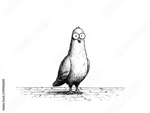 A quirky cartoon pigeon with large eyes stands on a pavement looking directly at the viewer in a simple black and white illustration.