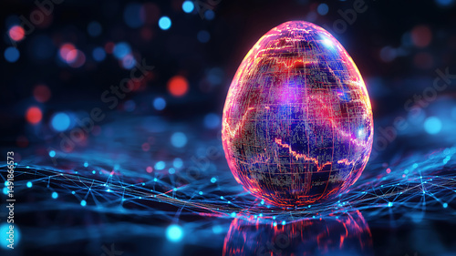 Futuristic Easter egg with a digital network background featuring data charts and stock graphs