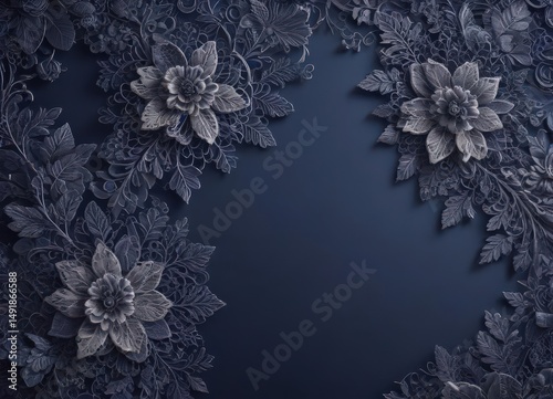 Intricate floral lace on deep indigo gradient, textured backdrop, flowers, violet