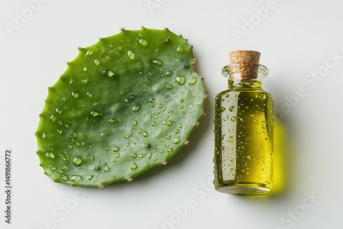 A vibrant green prickly pear leaf rests beside a small, glass bottle filled with a translucent, yellowish-green oil; both are adorned with water droplets on a white background photo