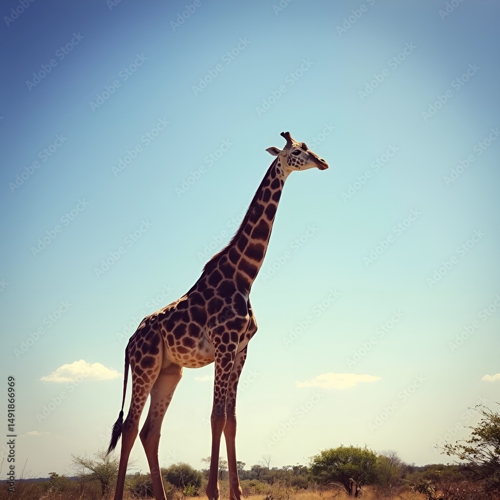 Obraz premium Graceful Giraffe Stands Tall Beneath the Bright Savannah Sky