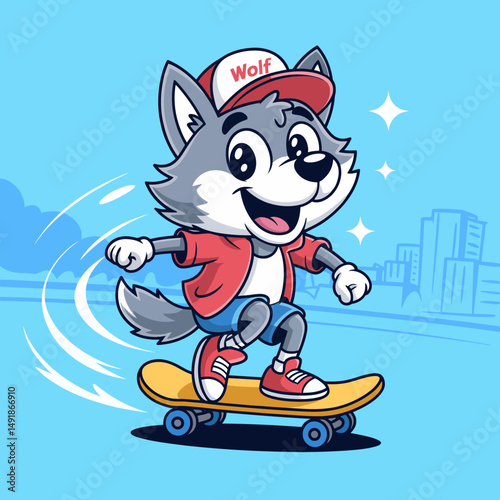 Skateboarding Wolf with Red Hat