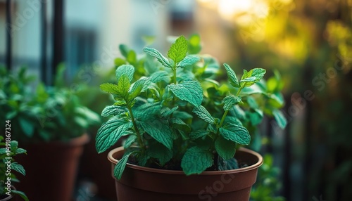 Potted mint plants on balcony with urban buildings.