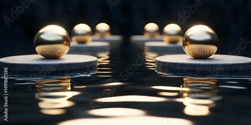 Golden spheres resting on water-like platforms.