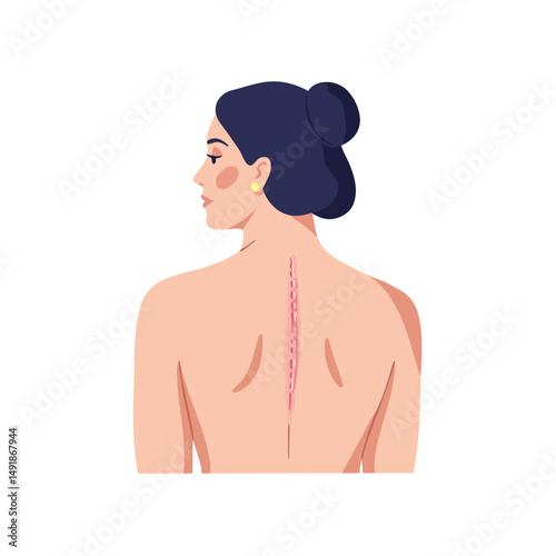 Woman with healing scar on back looking away in minimalist style  