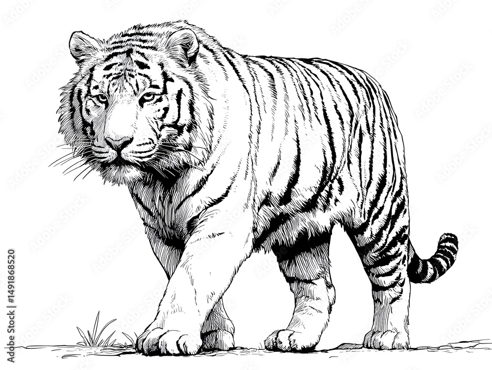 Obraz premium A majestic Siberian tiger strides forward in a detailed hand-drawn illustration showcasing its powerful presence and incredible detail.