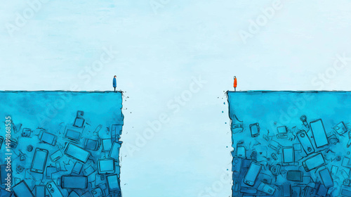 Conceptual image showing two people standing opposite cliffs separated by gap filled with digital devices, evoking isolation