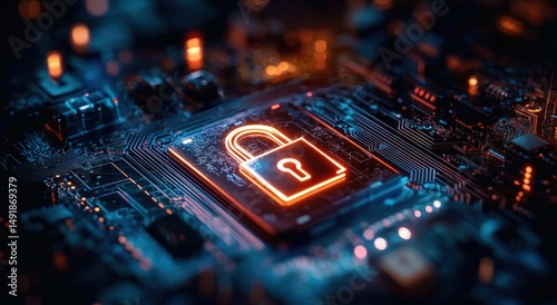 Glowing orange padlock icon embedded on a dark blue circuit board symbolizing digital security and data protection in a high-tech environment
