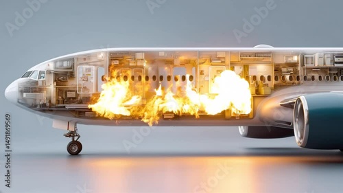 Inferno Within: A plane section explodes in flames. A cross-section view exposes the inner mechanics, as a fiery inferno engulfs the interior, accentuating the destructive power of the elements. 