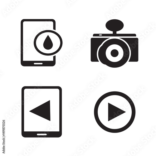 Collection of minimalist black icons representing mobile technology playback and recording functions