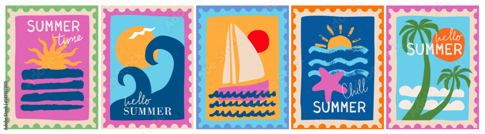 Naklejka premium Set of sea, summer postage stamps. Hand drawn, paper cut, collage style. Sea, sun, boat, palm trees, waves, ocean. Design for card, sticker, cover, poster. Vacation, paradise, travel concept.