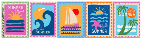 Set of sea, summer postage stamps. Hand drawn, paper cut, collage style. Sea, sun, boat, palm trees, waves, ocean. Design for card, sticker, cover, poster. Vacation, paradise, travel concept.