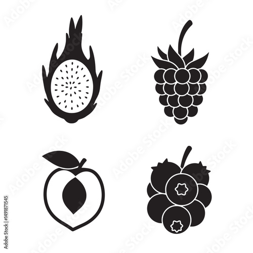 Monochrome fruit icons featuring dragon fruit raspberry peach and blueberry with minimalist outlines