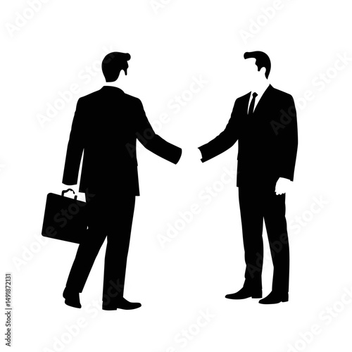 Two businessmen in suits shaking hands in a black silhouette against a white background image view