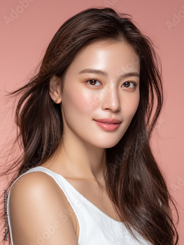 Korean Beauty Model on Pink Background, K-Beauty Asian Female Stock Photo, Korean Woman Skincare Image, Soft Pink Studio Shot, Pink Background Beauty Shoot