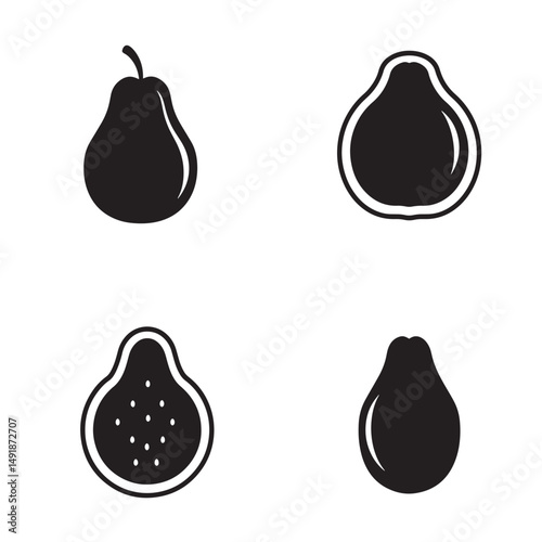 Black and white pear icons set for fruit and food design elements