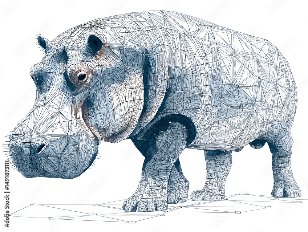 Fototapeta premium A detailed wireframe illustration of a hippopotamus stands on a white background showcasing its anatomical structure in a technical artistic style.
