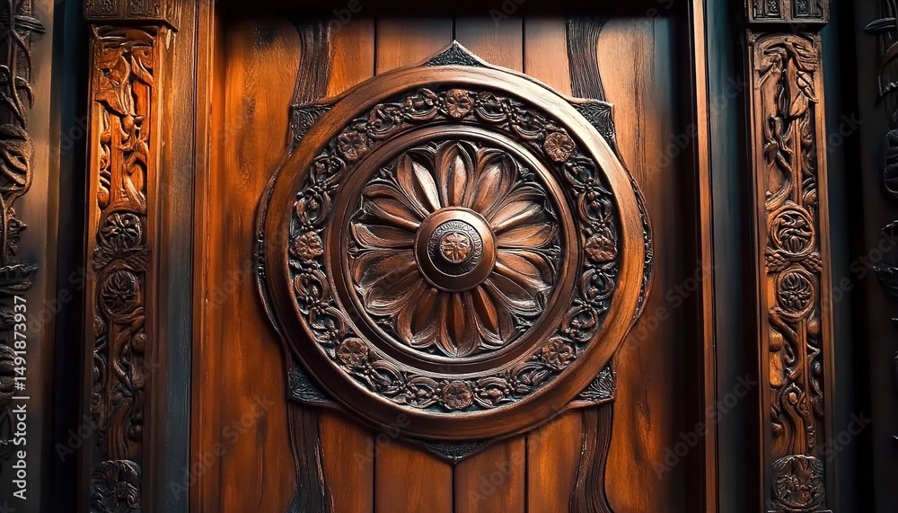 Fototapeta premium Ornate carved wooden door with central floral motif and side carvings.