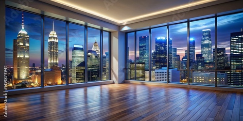 Philadelphia Skyline Night View: Luxury High-Rise Apartment with Cityscape Mockup Wall