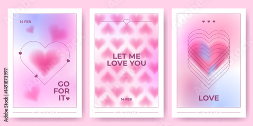 Y2k style Valentine Day cards set with pink and purple gradients, blurry aura heart shapes and tender slogans. Aesthetic 2000s design posters with romantic phrases. Cute retro 14 February posters.