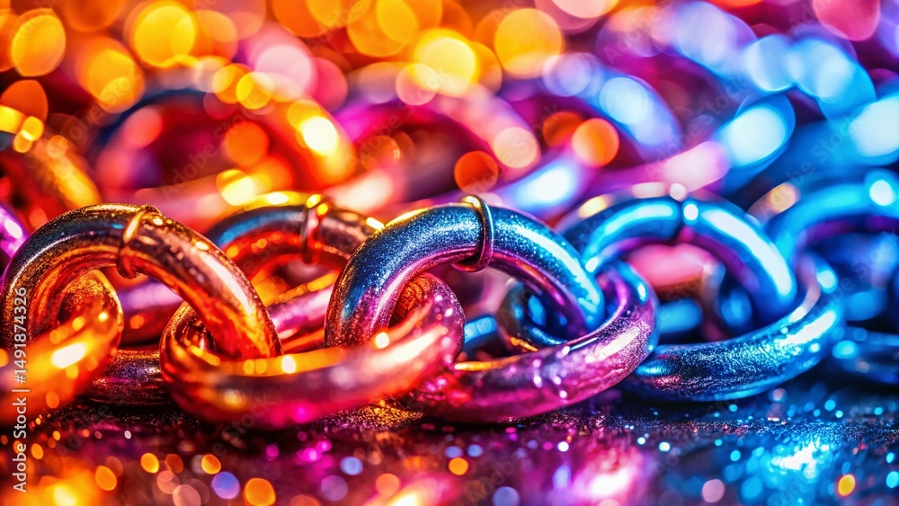 Pink, Orange & Blue Glittering Chain Links with Bokeh Lights - Stock Photo Pink, Orange & Blue Glittering Chain Links with Bokeh Lights - Stock Photo