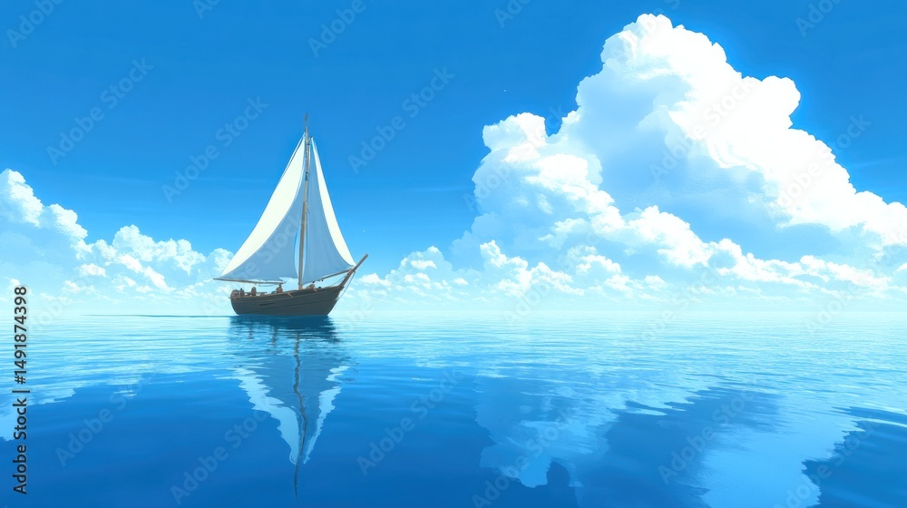 Fototapeta premium Sailboat on calm ocean under a blue sky with fluffy clouds.