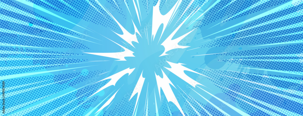 Anime explosion background with radial lines - dynamic starburst with speed motion effect. Blue and white halftone pattern for superhero action in manga comic book style. Stylized decorative bg.