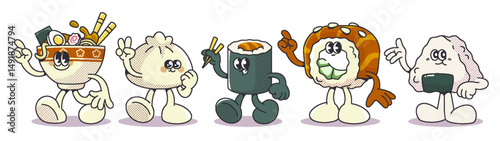 Retro sushi characters set - vintage style smiling rice rolls, nigiri and maki, bowl with ramen mascots showing peace sign. Japanese cuisine funny cartoon personages collection for cafe design.
