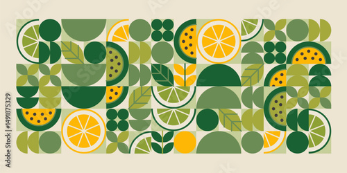 Citrus fruit geometric illustration - lemon, lime, orange slices and leaves. Flat abstract mosaic composition with organic shapes cutouts. Greenery color palette pattern for healthy eco food design.