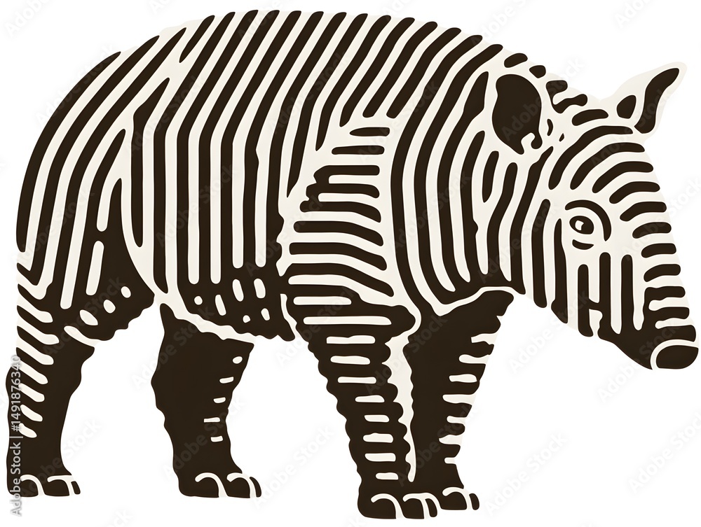 Obraz premium A stylized illustration of a Sumatran rhinoceros features bold black and white stripes on a white background.