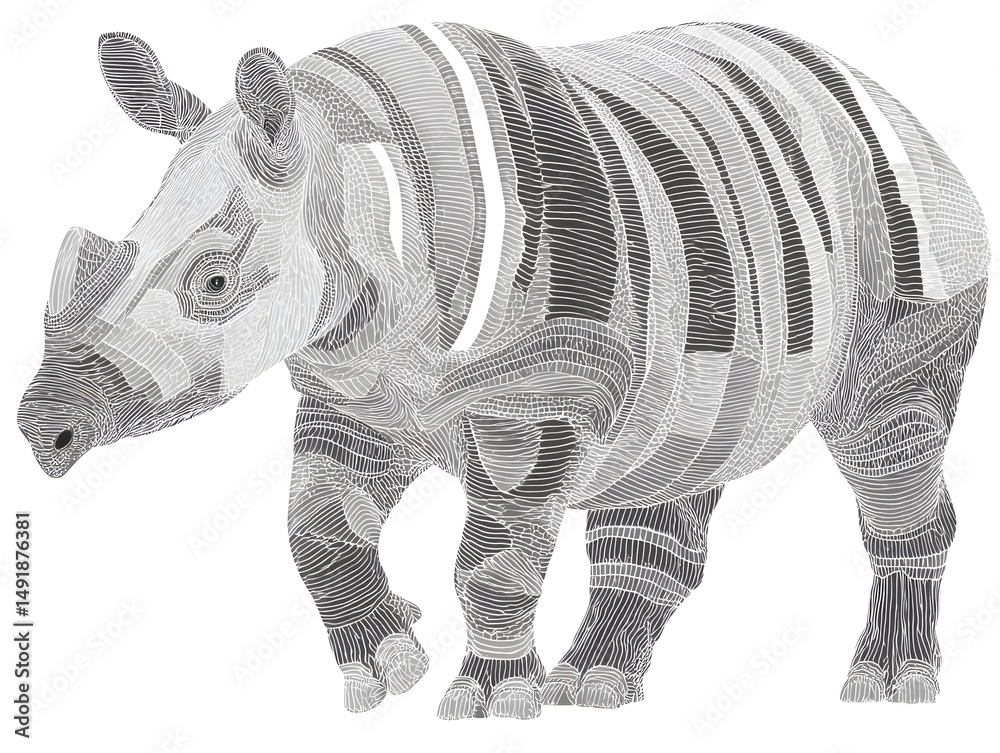 Fototapeta premium A stylized wireframe illustration depicts a young rhinoceros standing on a white background showcasing intricate linework details.