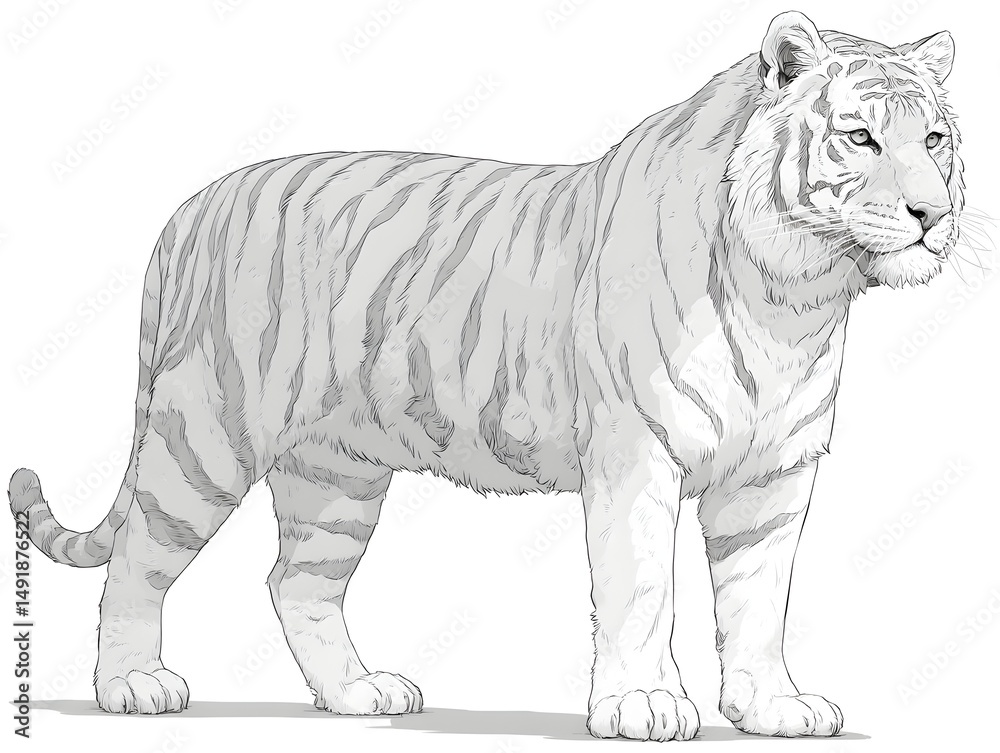 Obraz premium A majestic Siberian tiger stands proudly in profile showcasing its striking grey and white striped coat against a plain white background.