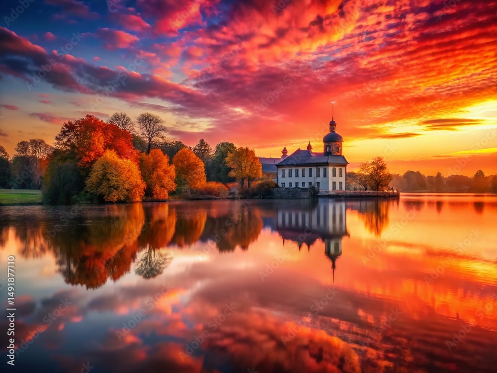 Obraz premium Red Sunrise over Autumn Lake: Breathtaking Architectural View
