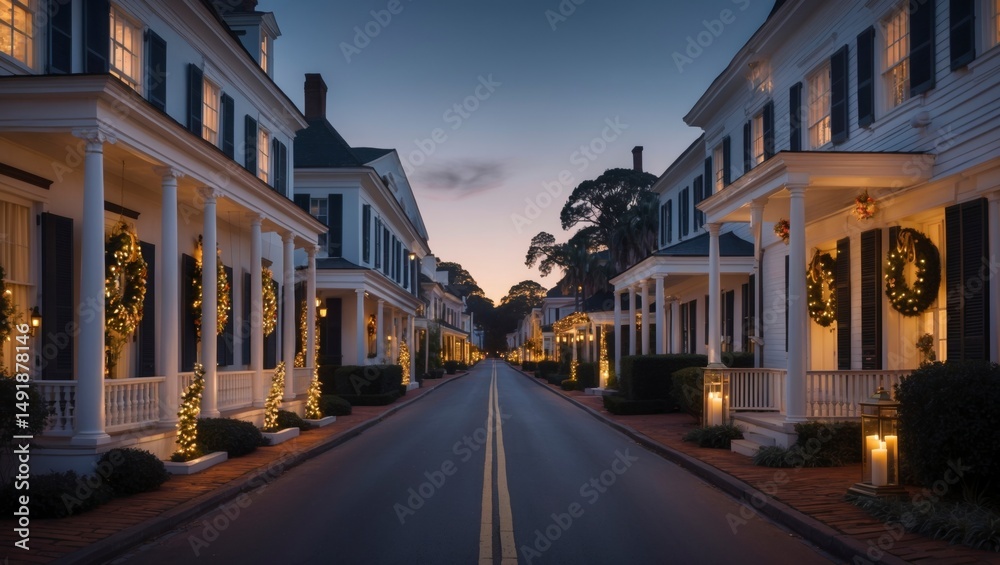 Fototapeta premium Charleston streetscape glows with holiday cheer as lights twinkle on wreaths adorning southern homes du twilight, creating a festive scene in South Carolina.