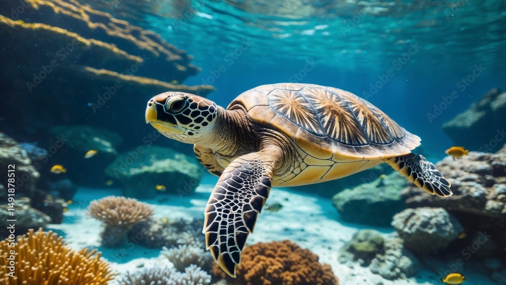 Fototapeta premium A majestic sea turtle glides effortlessly over a vibrant coral reef at Faro 2, showcasing the high fidelity detail and natural beauty of the underwater ecosystem.