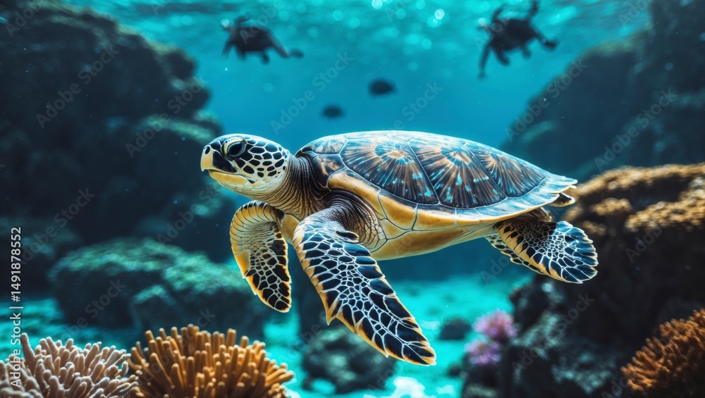 Obraz premium Sea turtle glides gracefully above a vibrant coral reef near Faro, its patterned gleaming in the clear, turquoise water of the ocean habitat below.