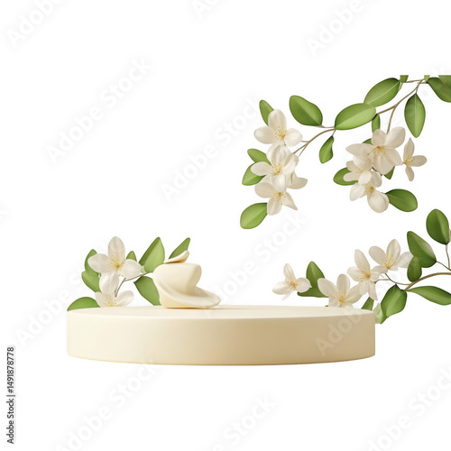 Podium with white flowers and decoration isolated on transparent background