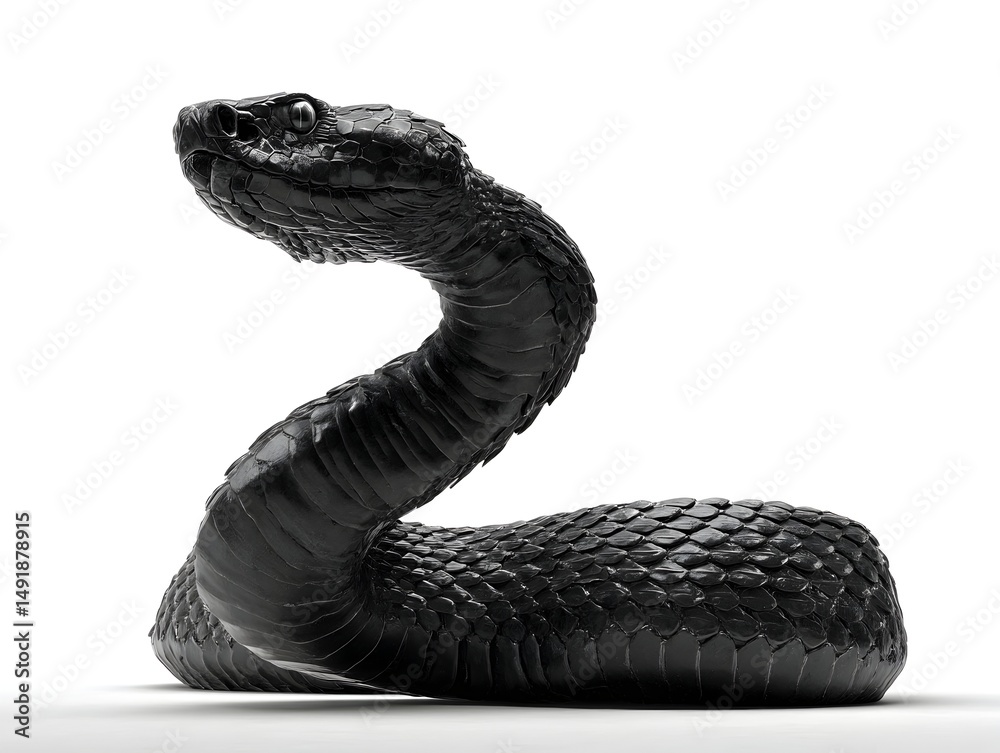 Naklejka premium A menacing black viper snake coiled in a defensive posture is isolated on a pure white background ready to strike.