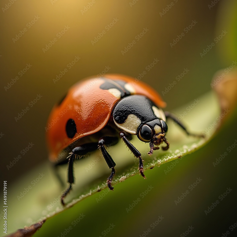 Fototapeta premium Ladybug on Green Leaf Close Up
