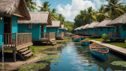 Coastal mangrove ecolodge in Nicaragua provides tranquil waterside lodging with charming bungalows and native boats along the serene waterways and lush nature.